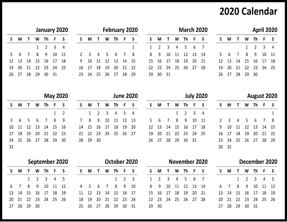 Blank Calendar 2020 Monthly Printable | 12 Month Printable