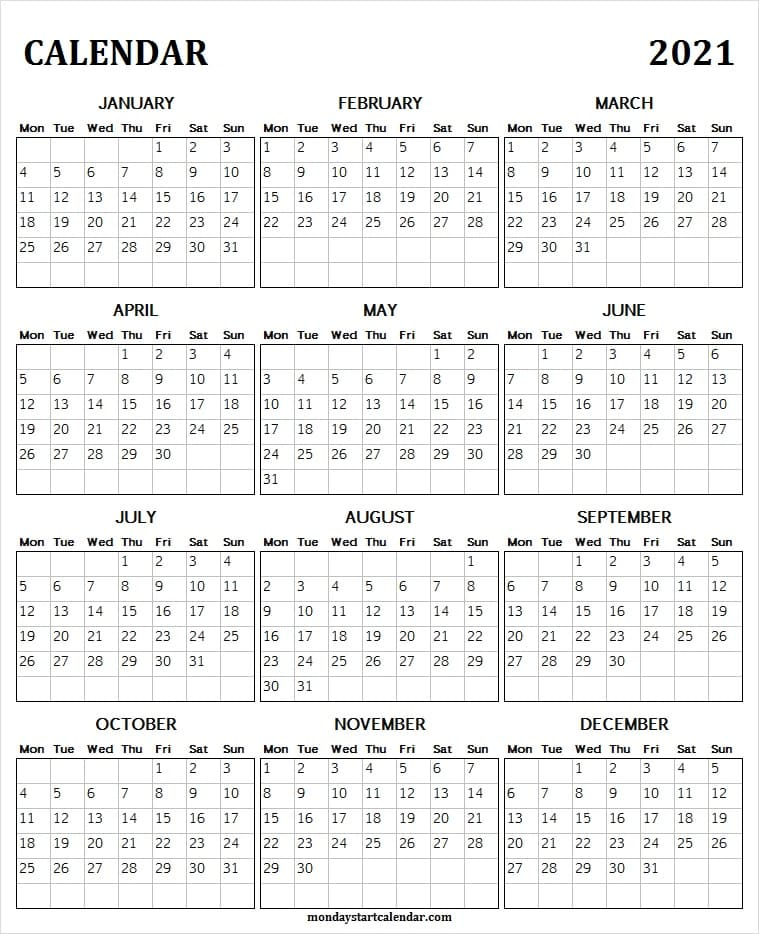Blank Calendar 2021 Printable - Editable Yearly Calendar