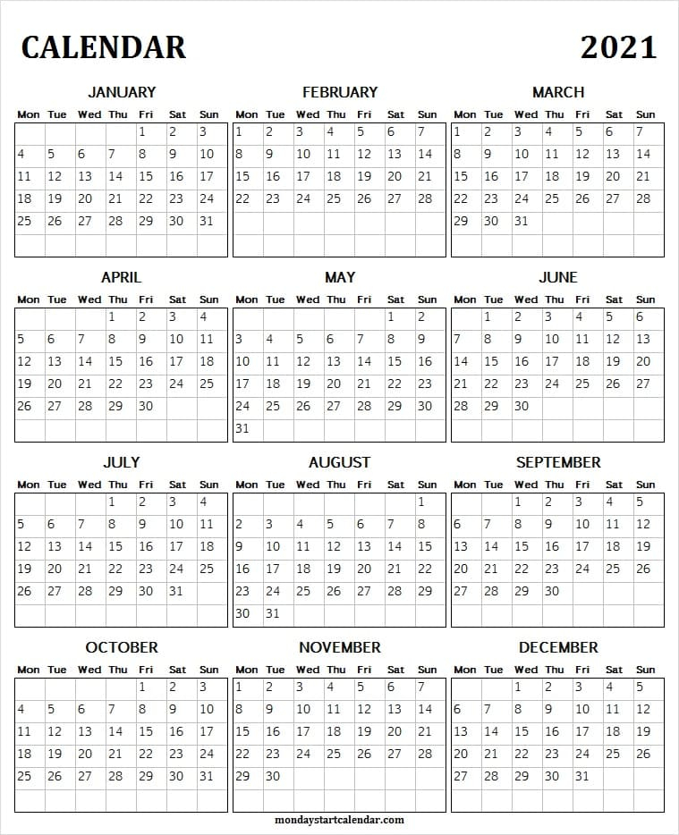 Printable Yearly Vacation Calendar 2021 