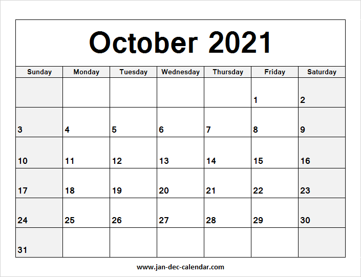 Blank Printable October Calendar 2021 Template Free