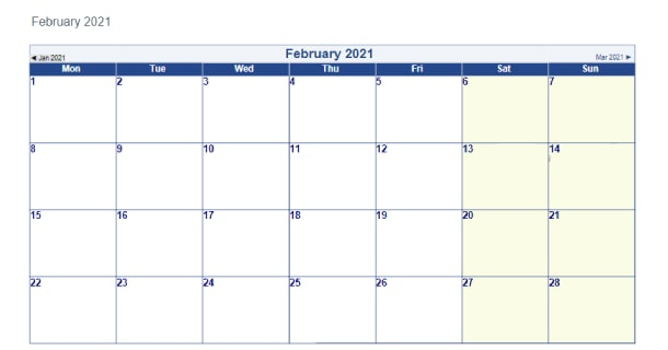 Blank Template February 2021 Calendar Word - 2021 Calendar