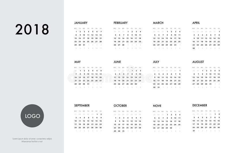 Calendar 2018 Template Stock Vector. Illustration Of Grid