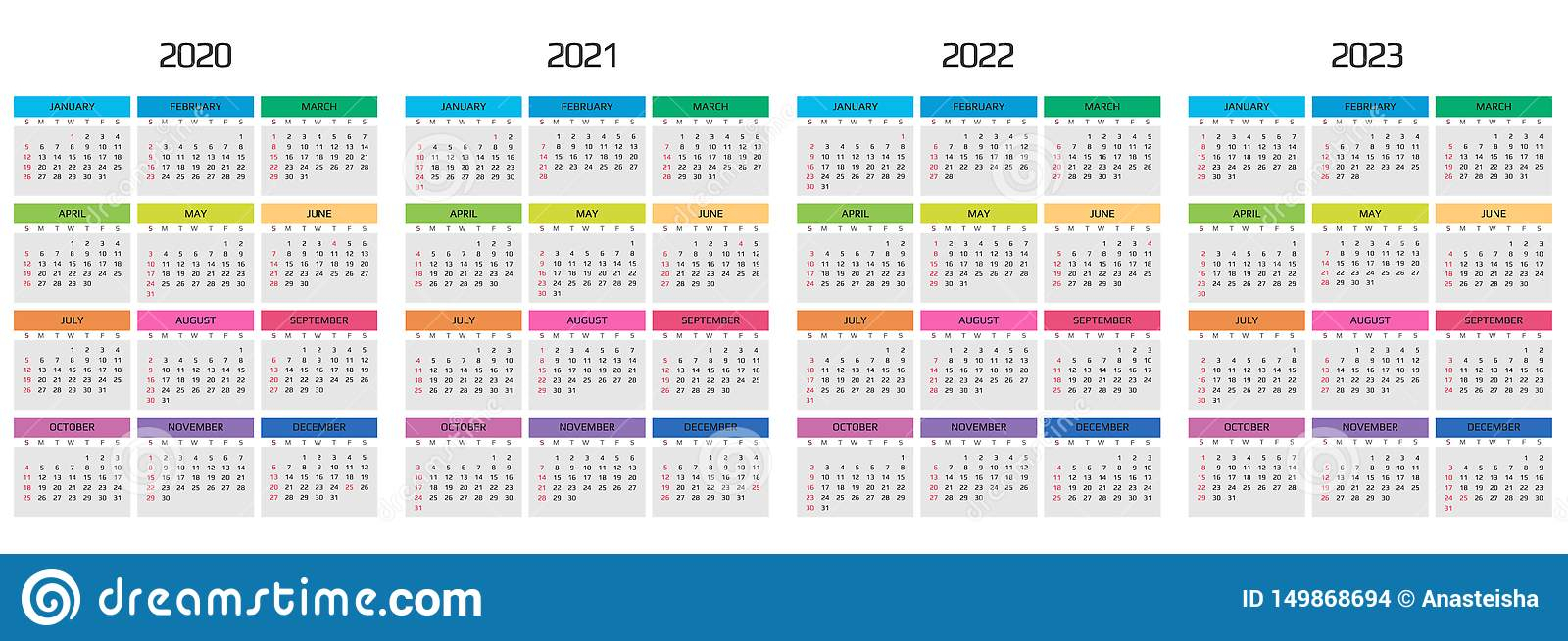 Calendar 2020 2021 2022 2023 Template. 12 Months