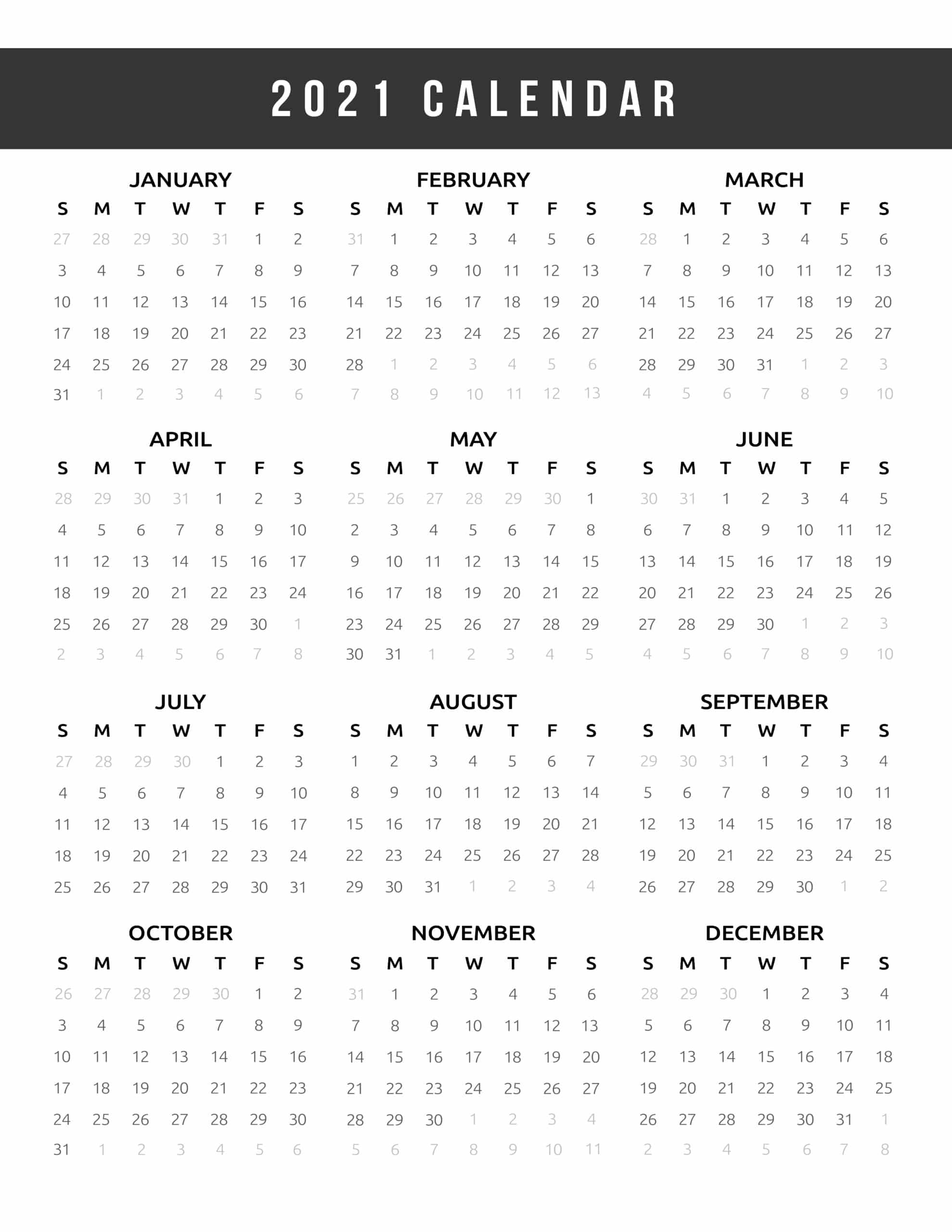 Calendar 2021 Printable One Page - World Of Printables