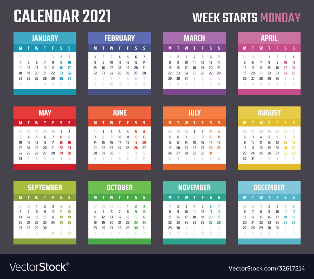 Calendar For 2021 Starts Monday Calendar Vector Image
