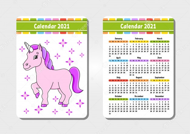 Calendar For 2021 With A Cute Character. Magical Unicorn. Pocket Size. | Premium Vector