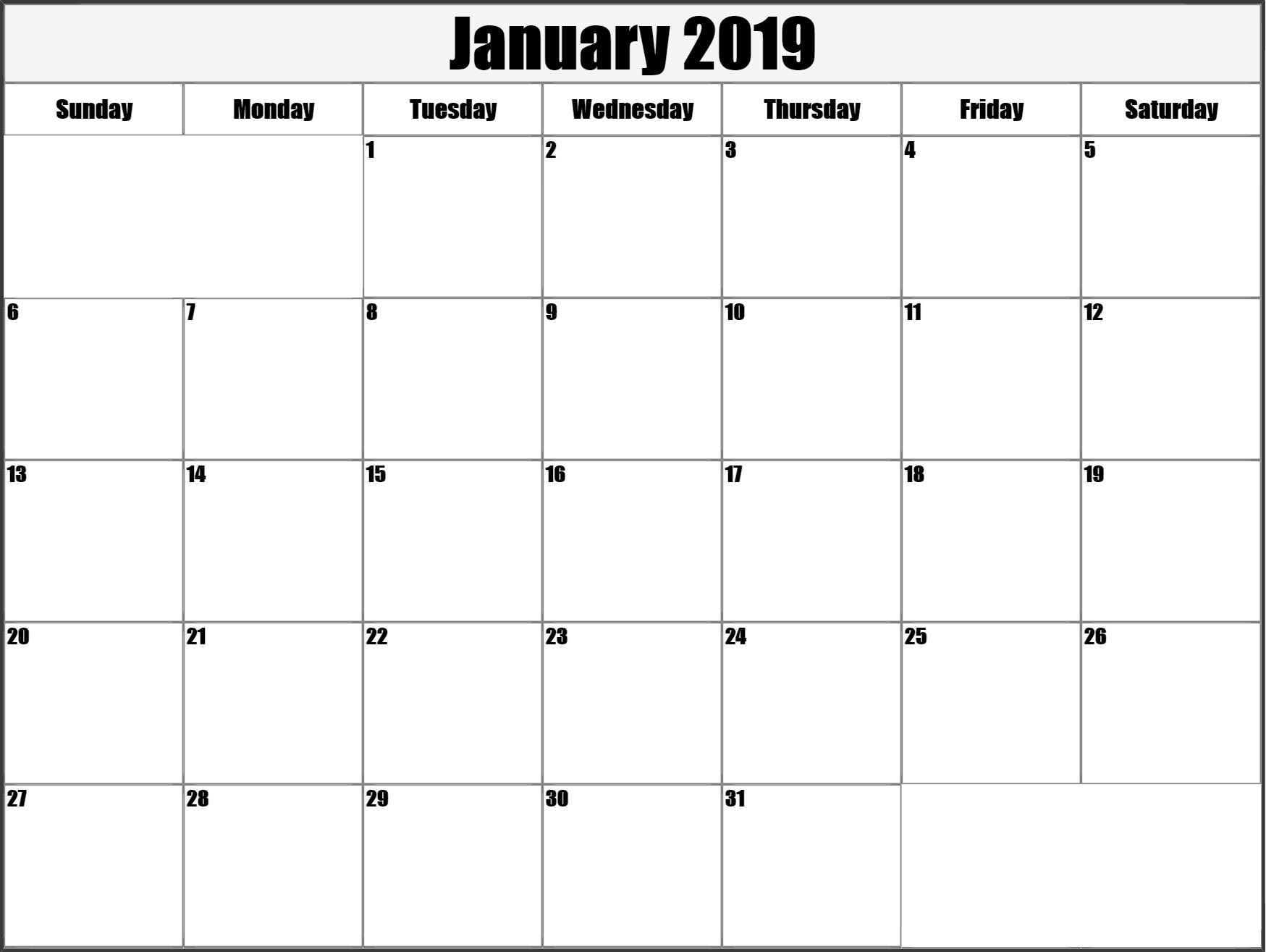 Calendar January 2019 Printable Large | Printable Blank