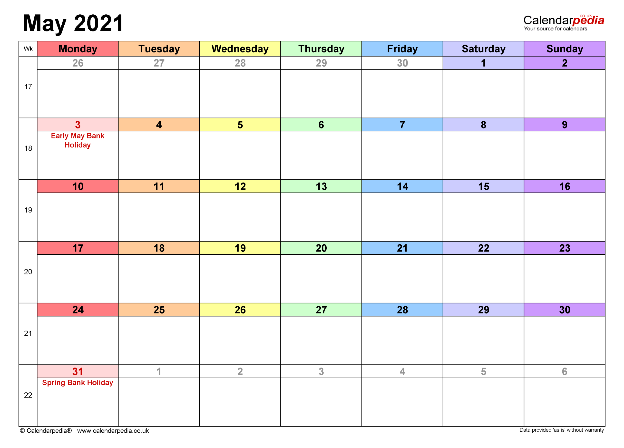 Calendar May 2021 Uk With Excel Word And Pdf Templates