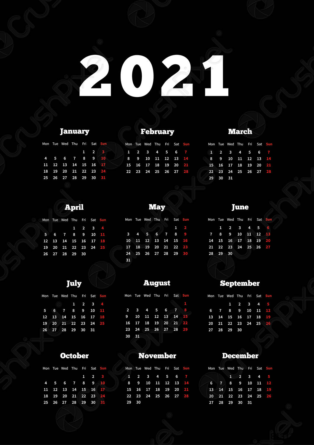Calendar Of 2021 Year With Week Starting From Monday A4