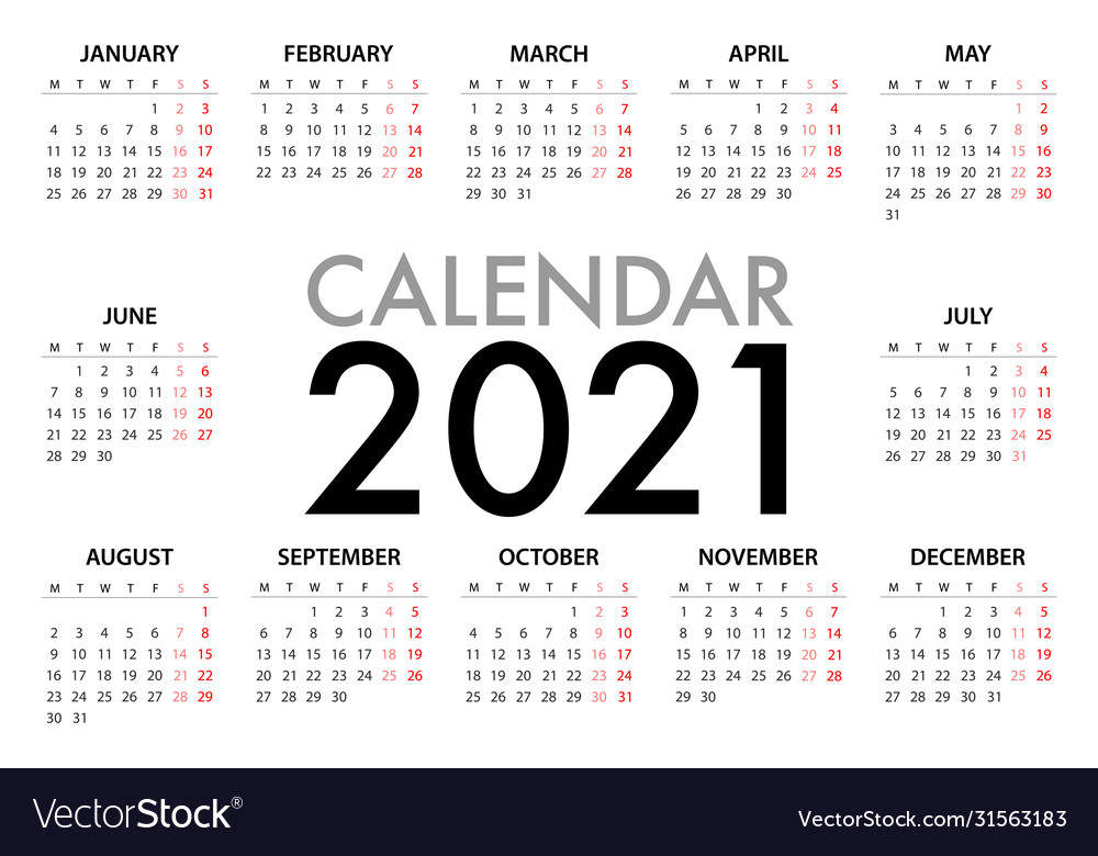 Calendar Planner 2021 Week Starts Monday Simple Vector Image