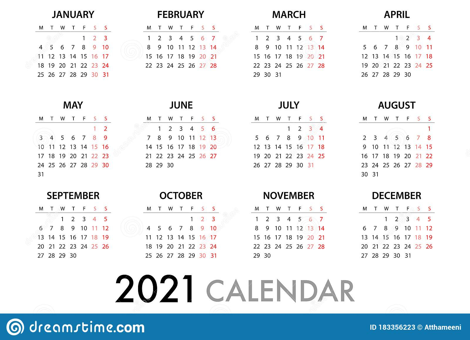 Calendar Planner 2021 Week Starts Monday. Simple Vector