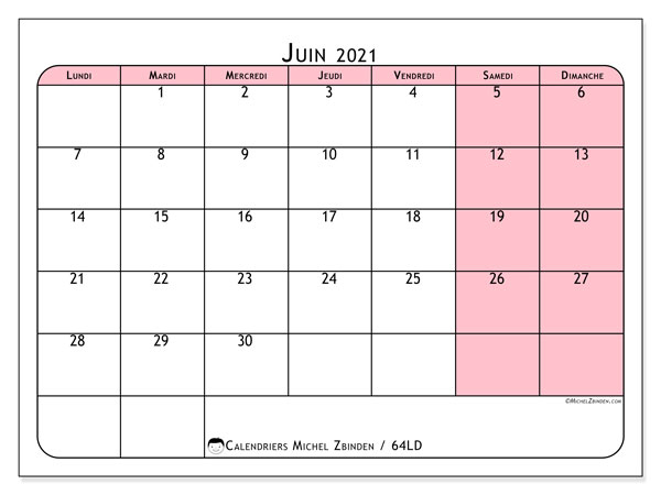 Calendrier Juin 2021 À Imprimer &quot;64Ld&quot; - Michel Zbinden Fr