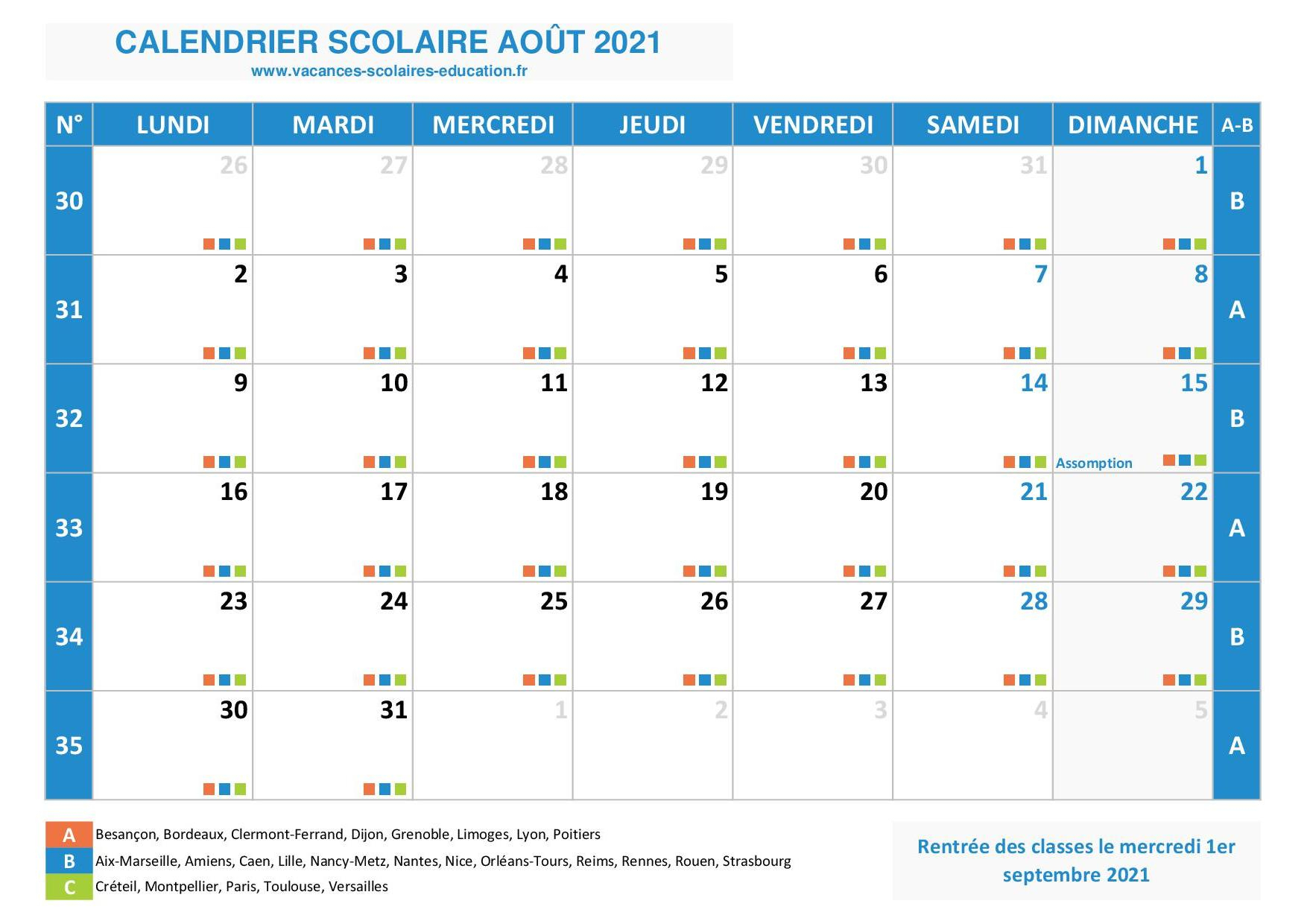 Calendrier Mensuel Scolaire : Mois D&#039;Août 2021