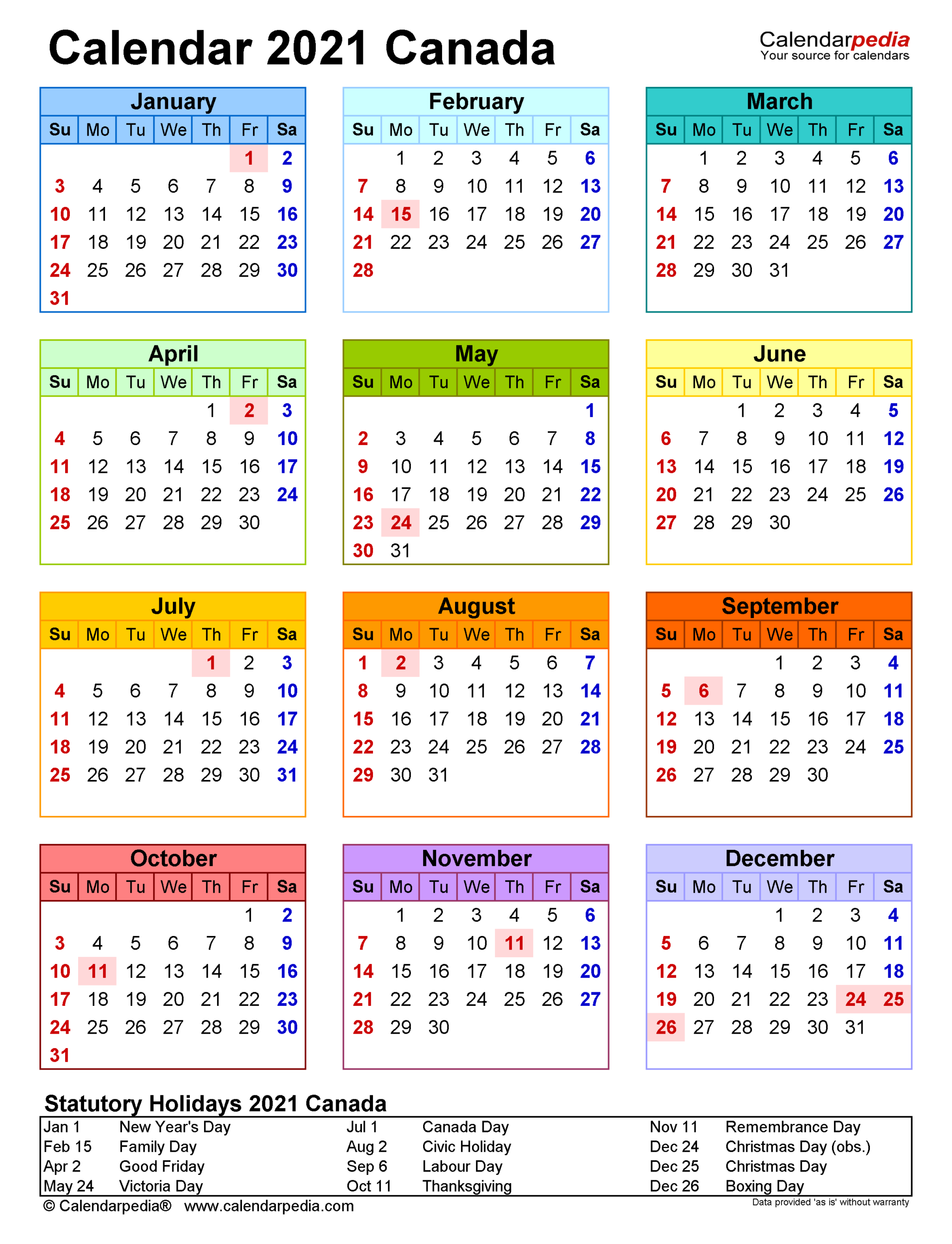Canada Calendar 2021 Printable With Holidays | 2021