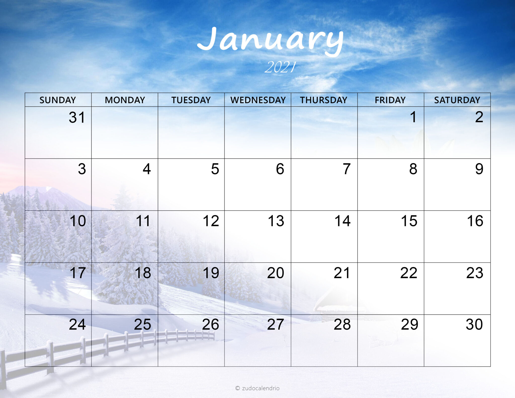 January 2021 Calendar Free Online