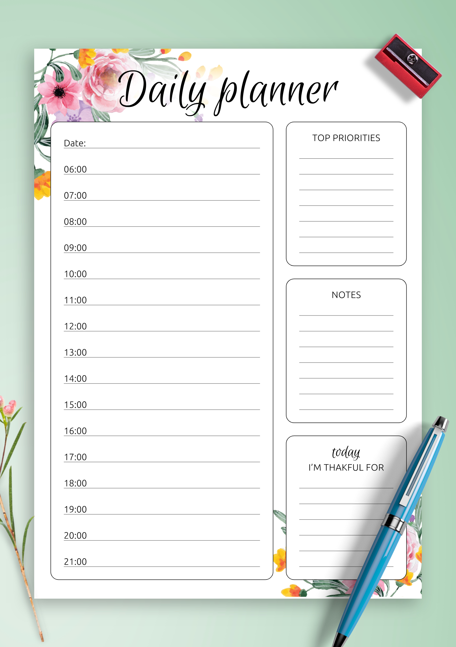 Daily Hourly Planner With Floral Pattern Printable Pdf