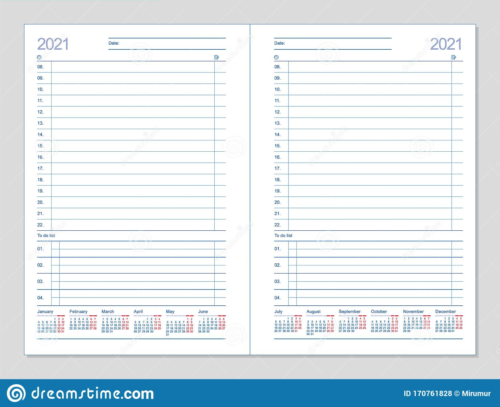 Datebook 2021. Diary 2021. Daily Planner 2021 Stock Vector