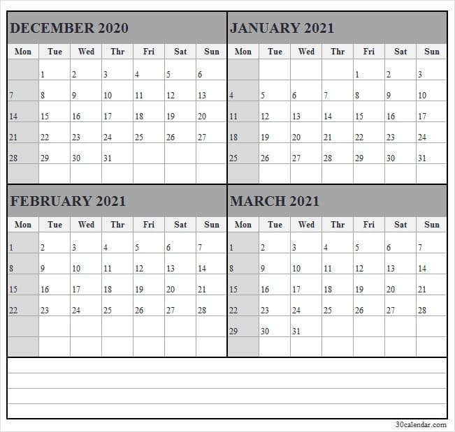 December 2020 To March 2021 Calendar Excel - Editable Calendar 2020