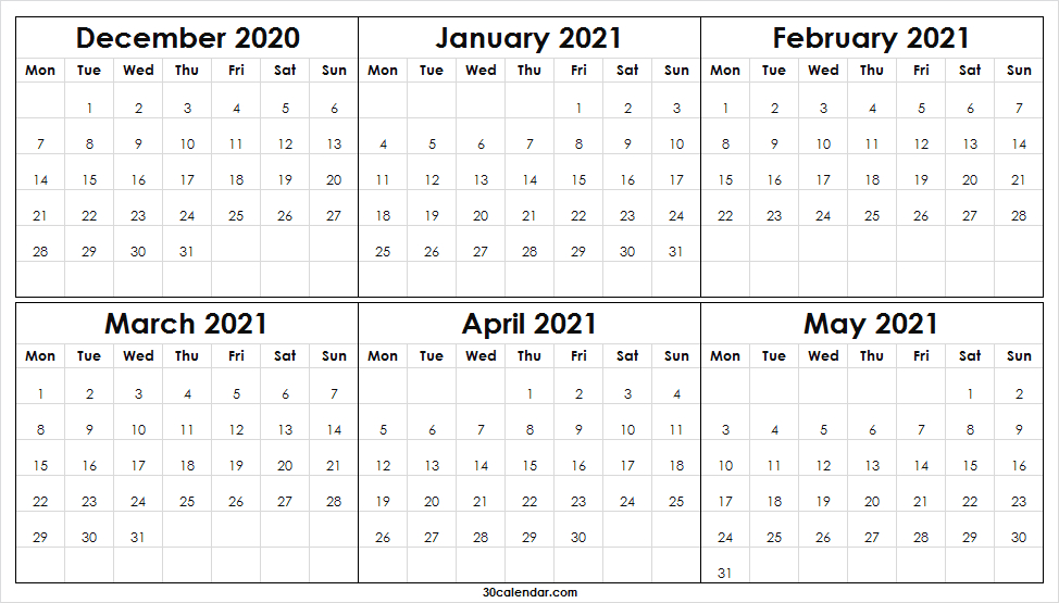 December 2020 To May 2021 Calendar Excel - Editable Templates