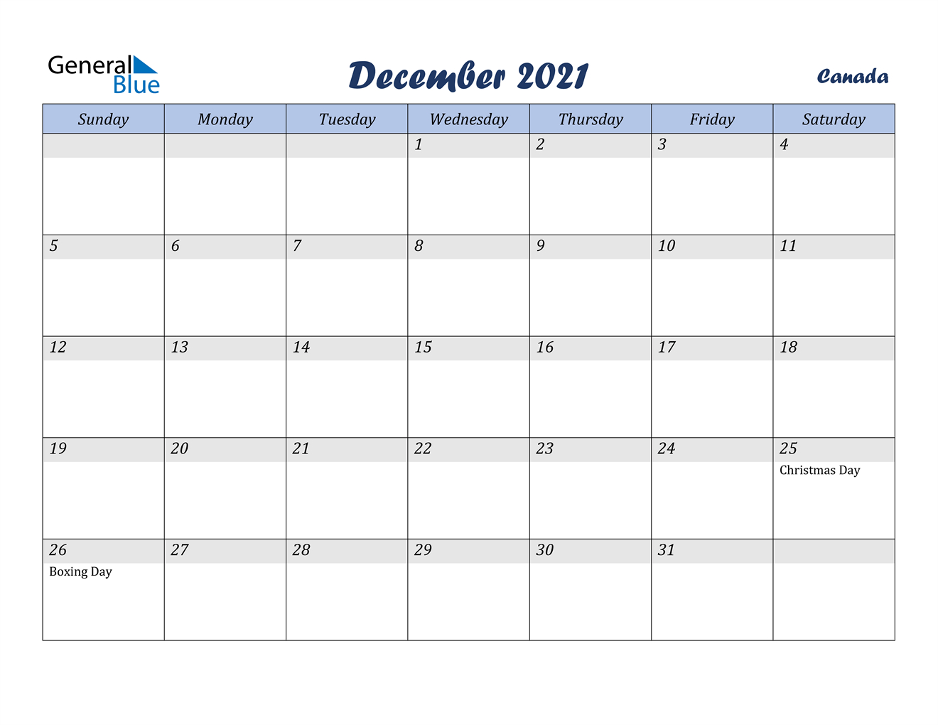 December 2021 Calendar - Canada