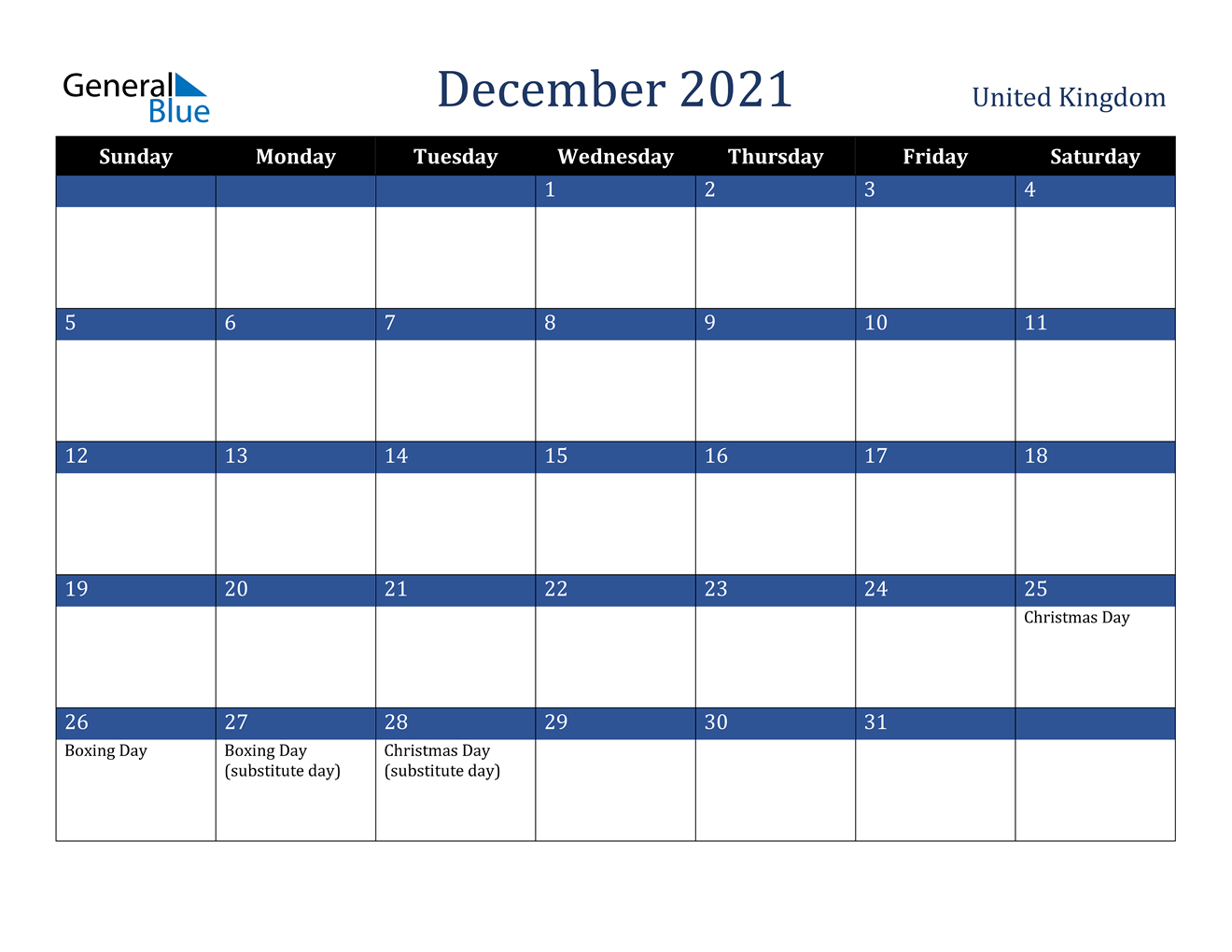 December 2021 Calendar - United Kingdom