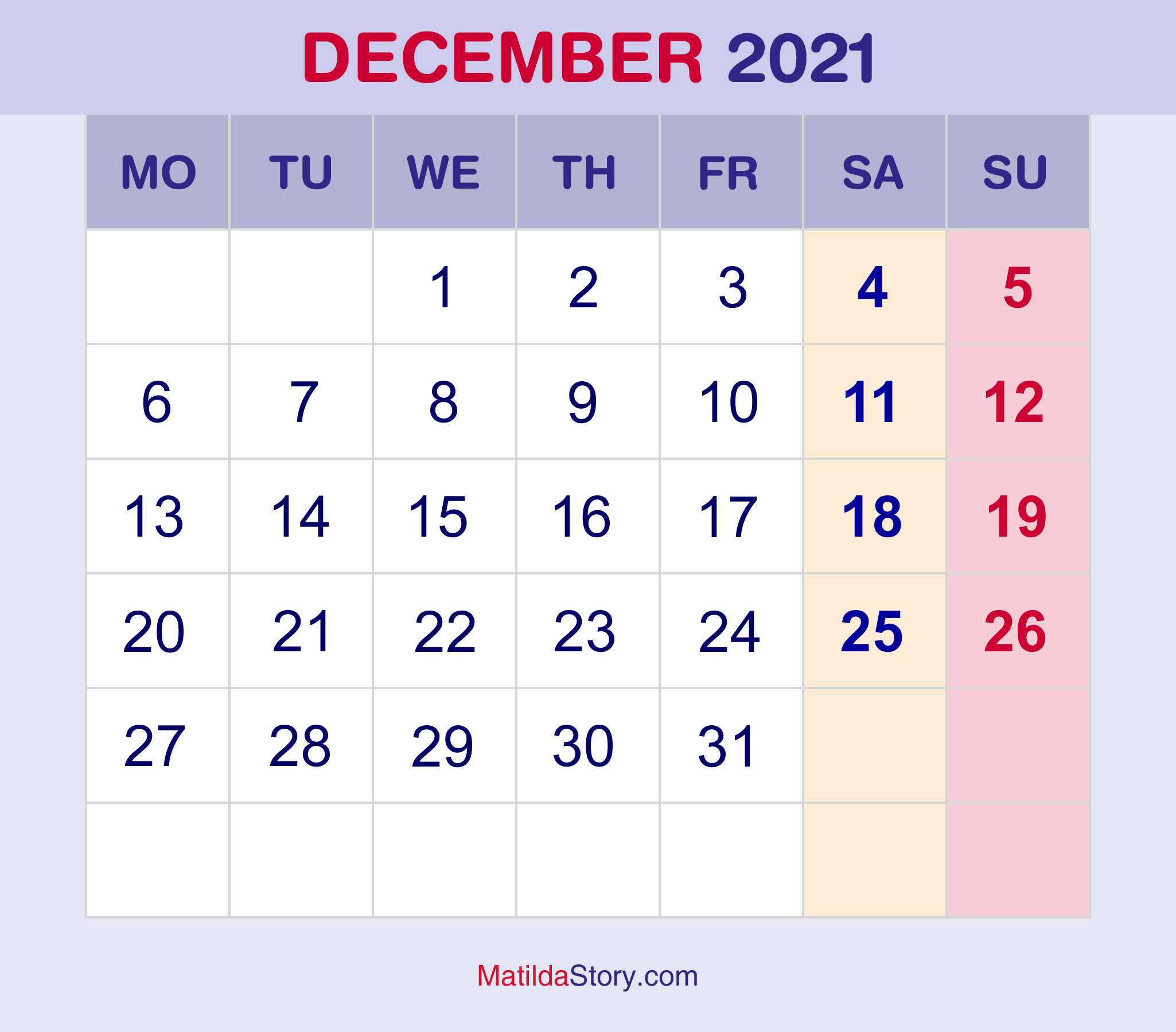 December 2021 Monthly Calendar Monthly Planner Printable