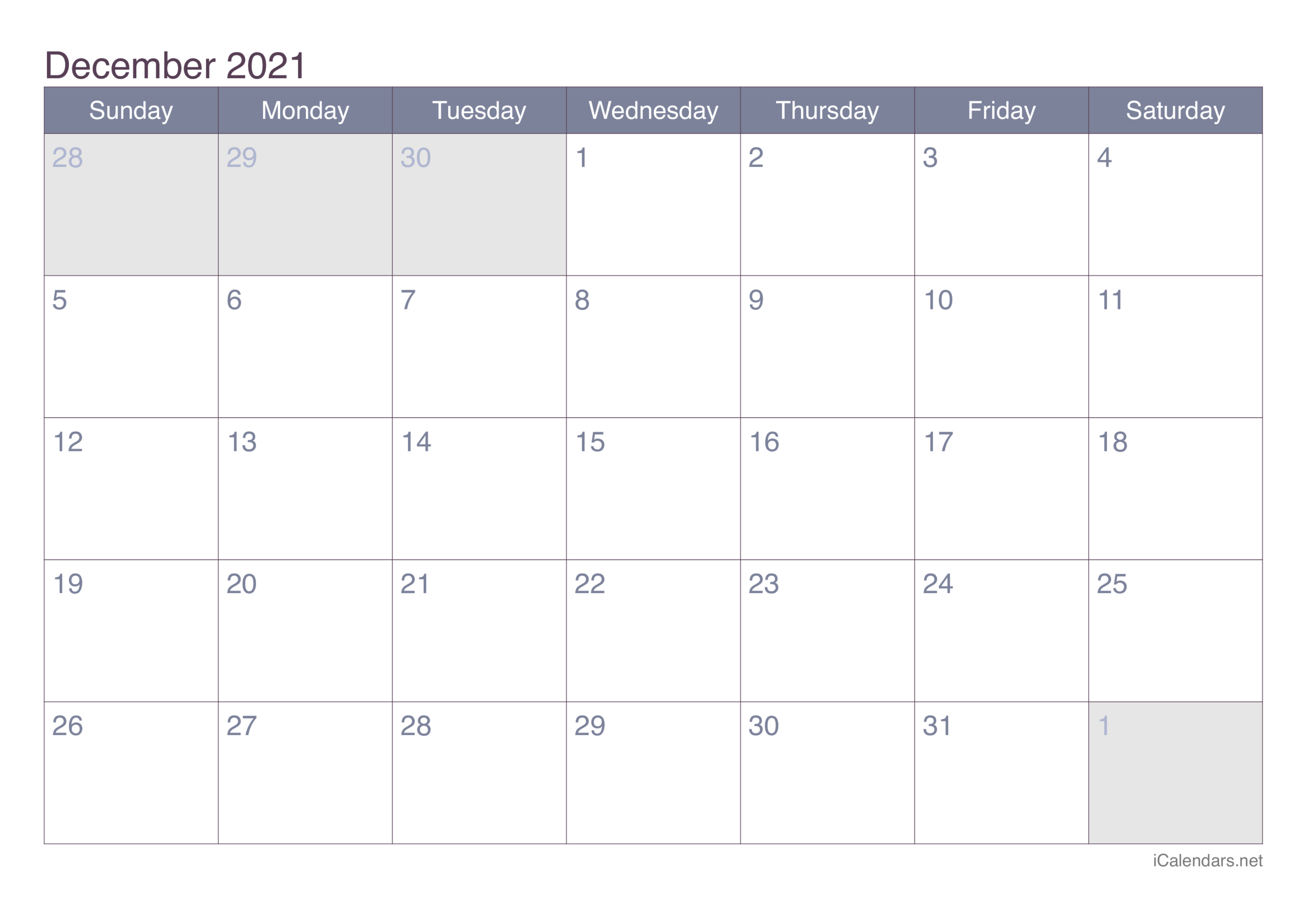 December 2021 Printable Calendar - Icalendars