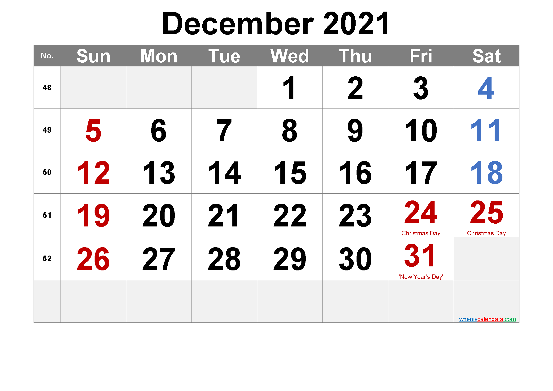 December 2021 Calendar