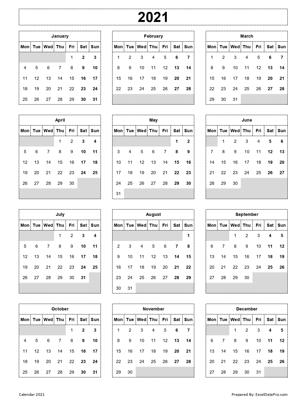 Download 2021 Yearly Calendar (Mon Start) Excel Template