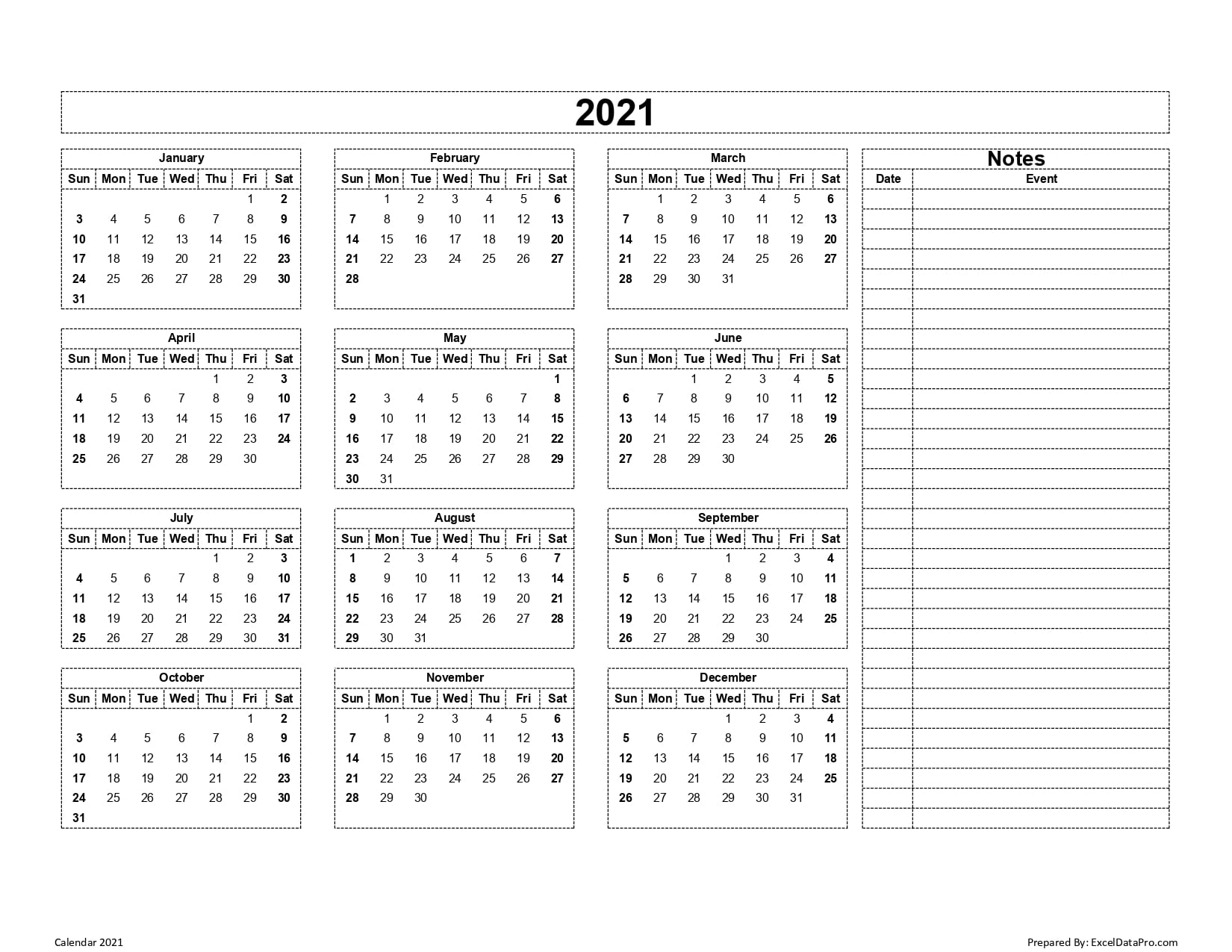 Download 2021 Yearly Calendar (Sun Start) Excel Template - Exceldatapro