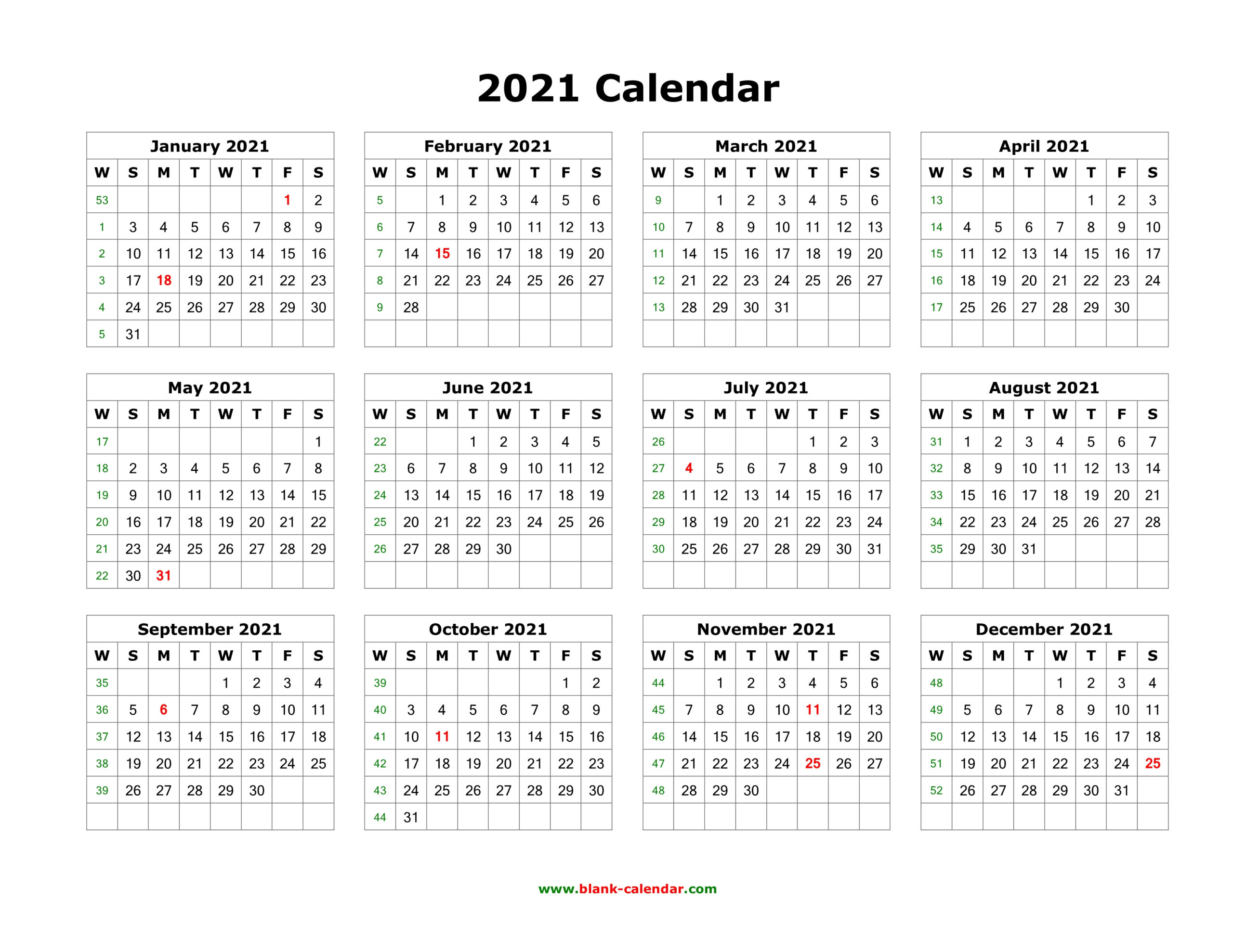 Download Blank Calendar 2021 (12 Months On One Page