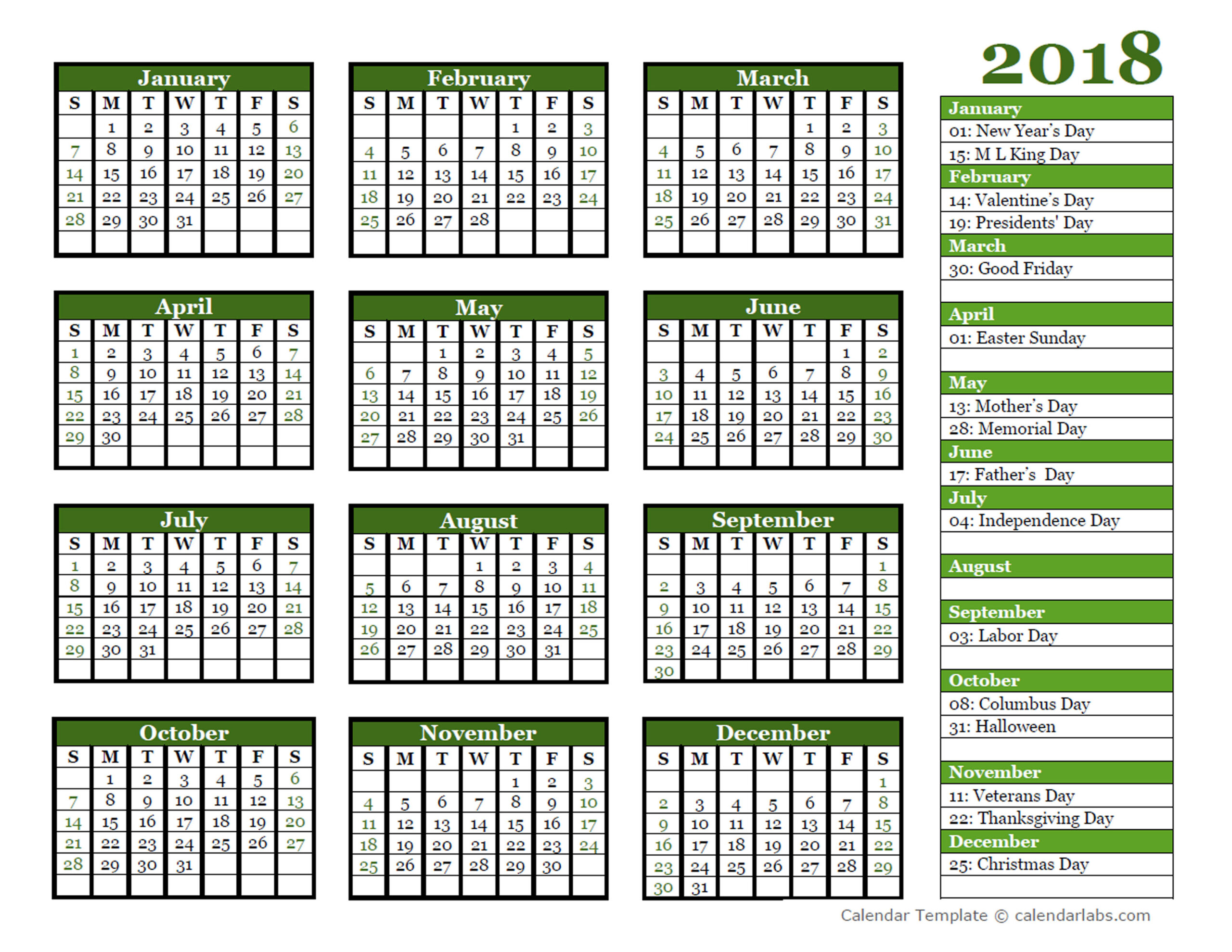 Editable 2018 Yearly Calendar Landscape - Free Printable