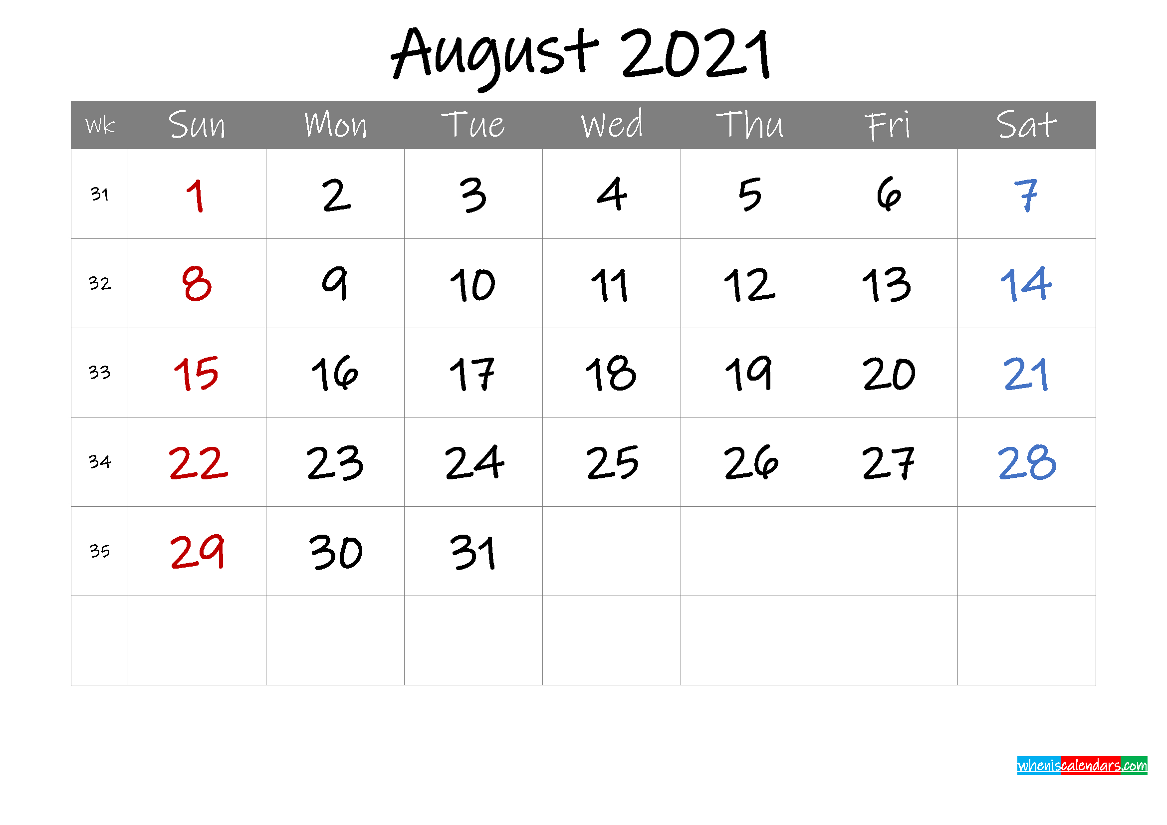 Editable August 2021 Calendar With Holidays - Template Ink21M8