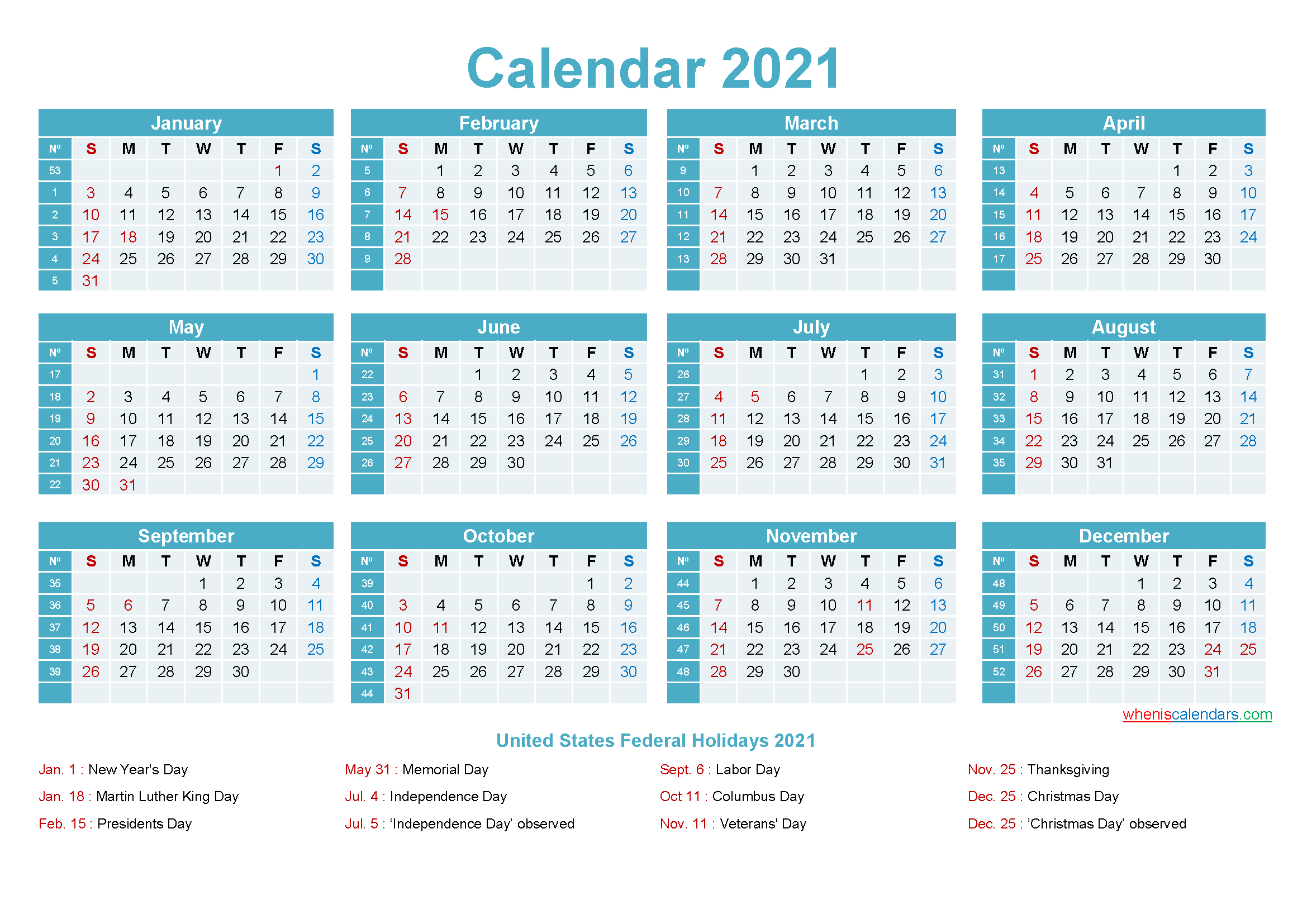 Editable Calendar Template 2021 - Template No.ep21Y12