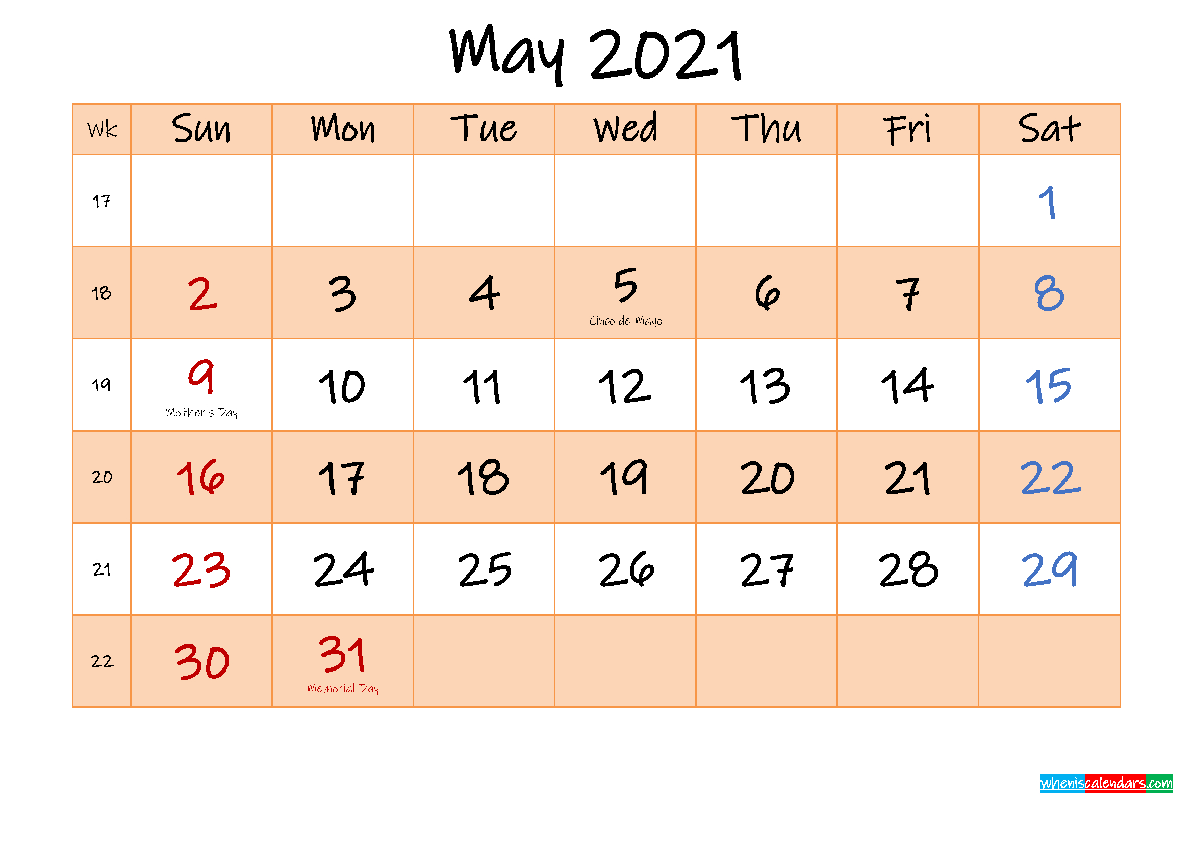 Editable May 2021 Calendar - Template No.ink21M485