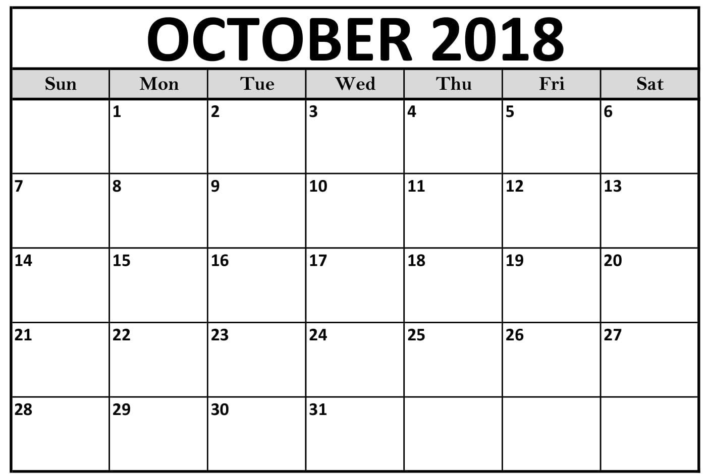 Editable October 2018 Word Calendar Printable | Calendar