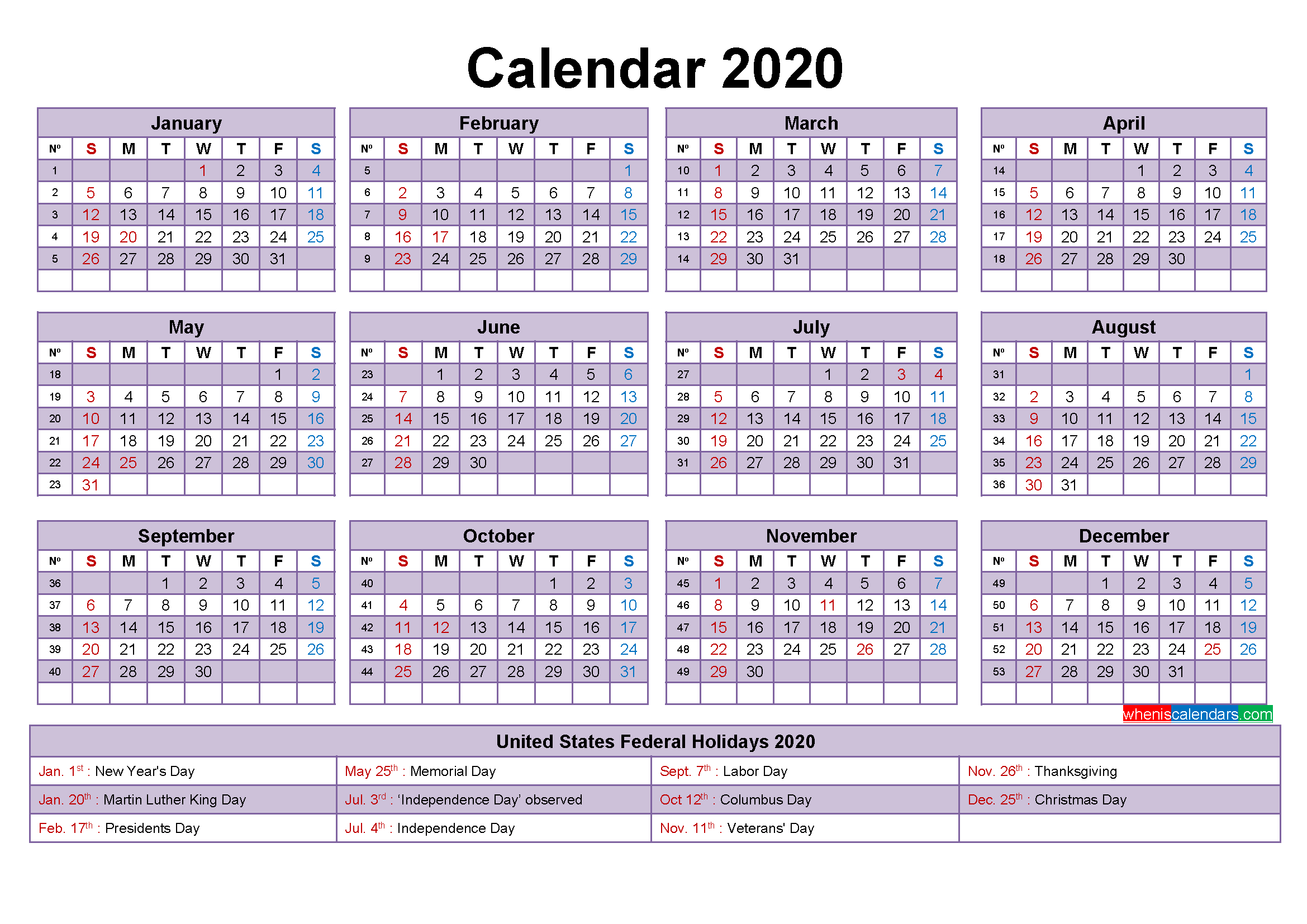 Editable Printable Calendar 2020 Word - Template No.ep20Y17