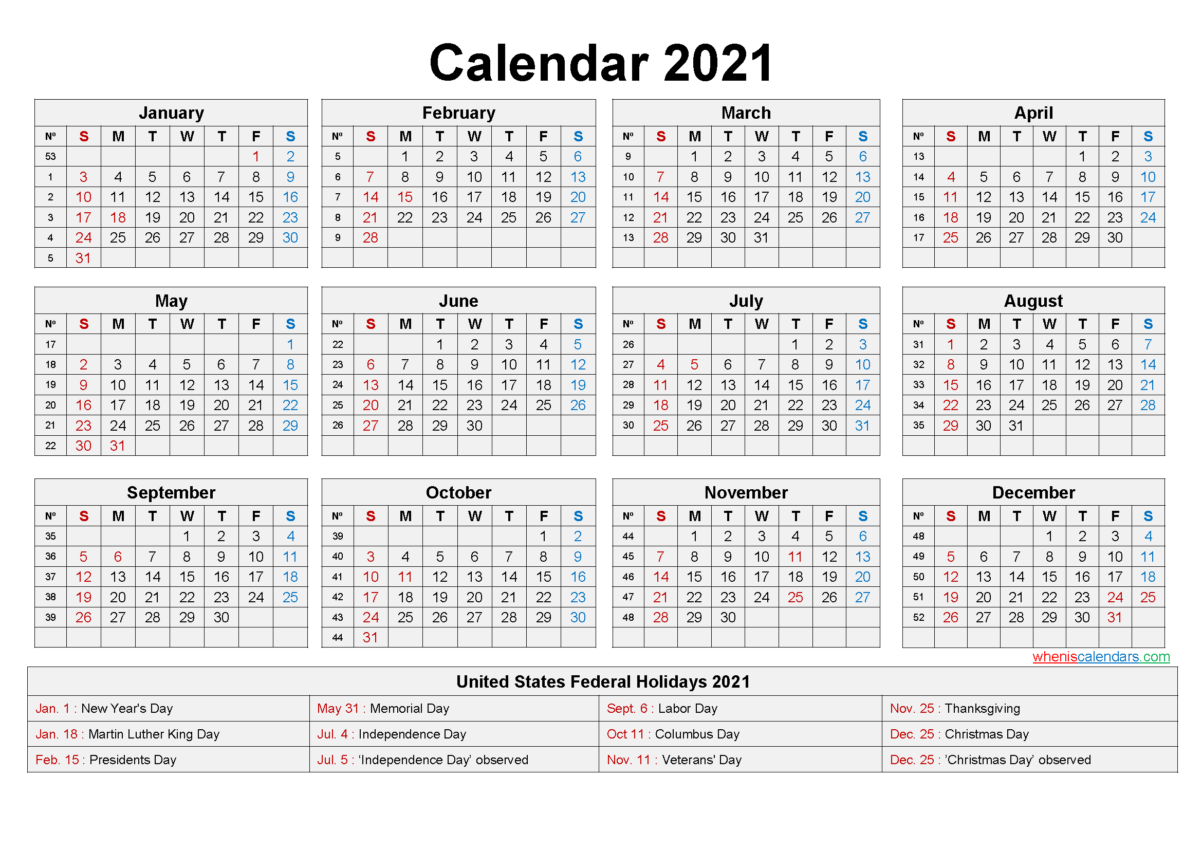Editable Printable Calendar 2021 - Template No.ep21Y20