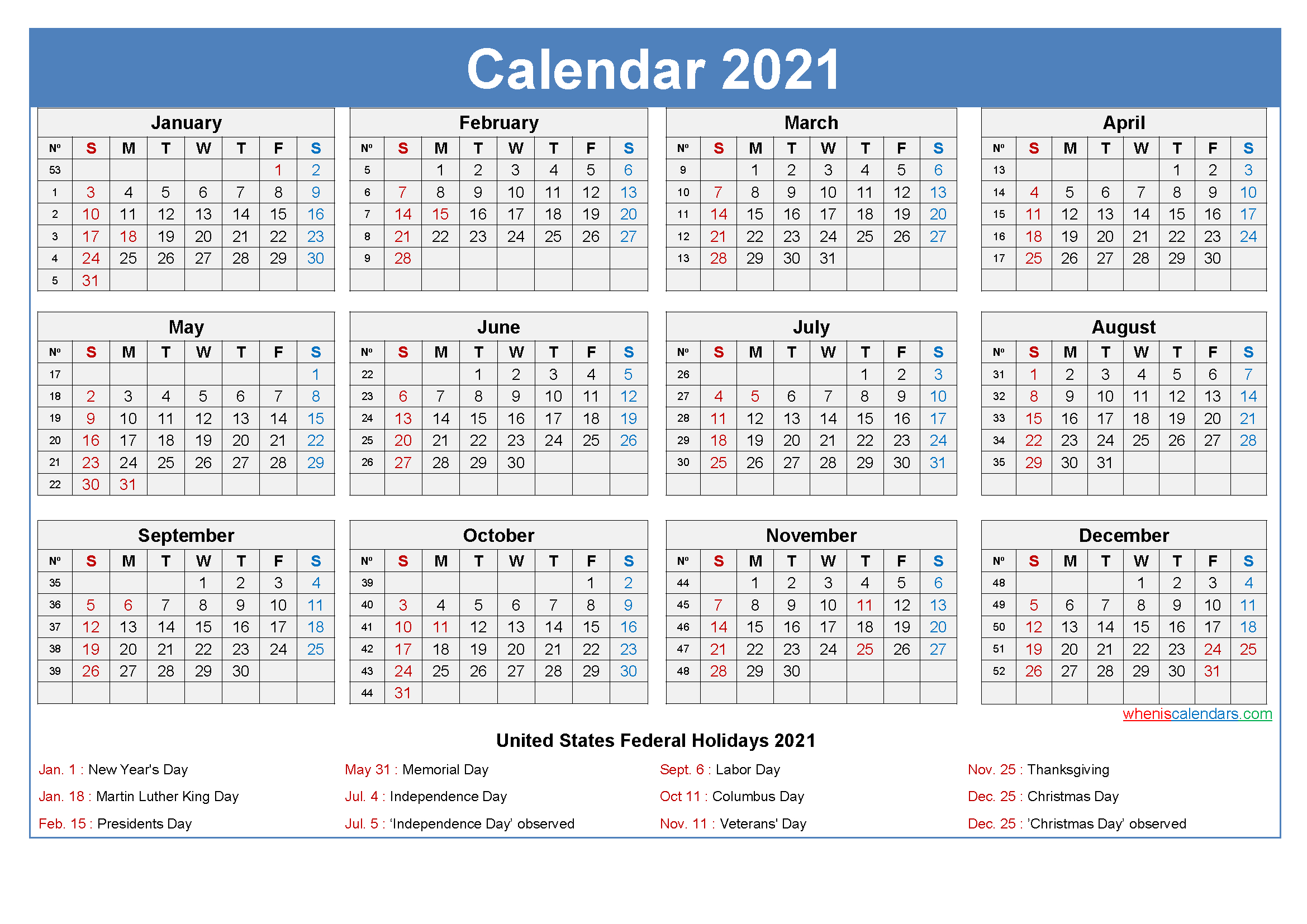 Editable Printable Calendar 2021 Word - Template No