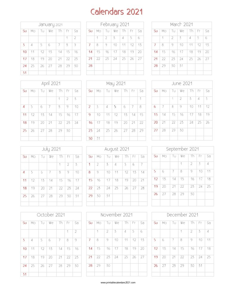 👉 56+ Design Printable Calendar 2021 One Page Yearly