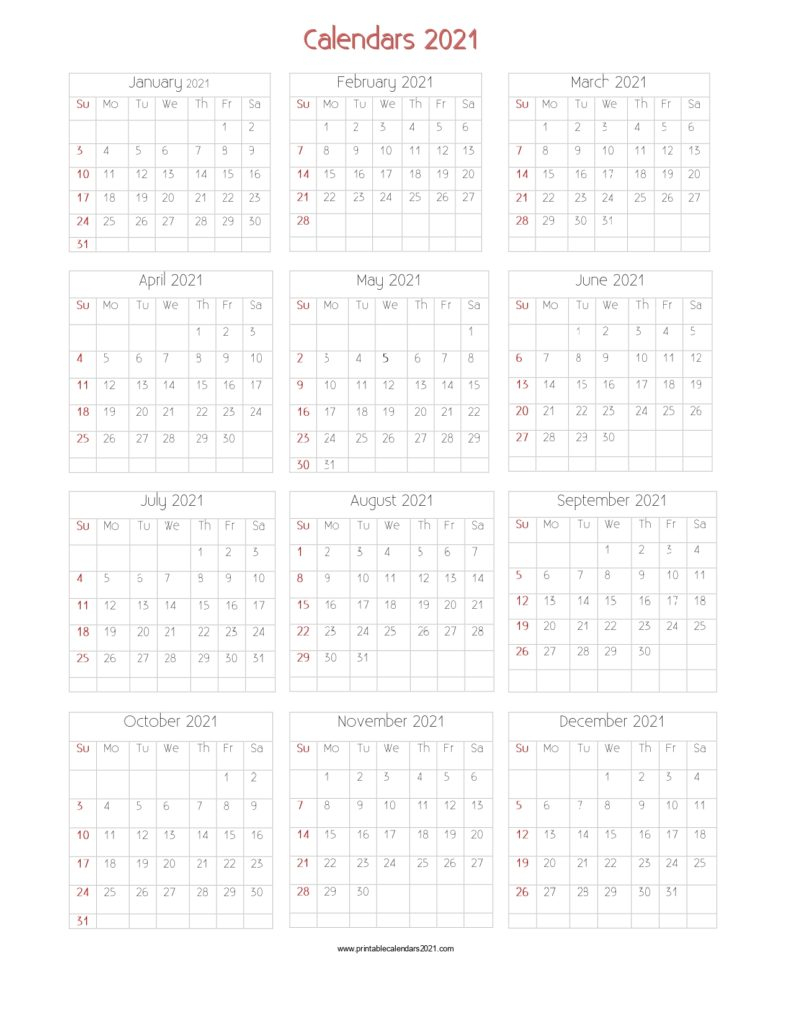 ? 56+ Design Printable Calendar 2021 One Page Yearly