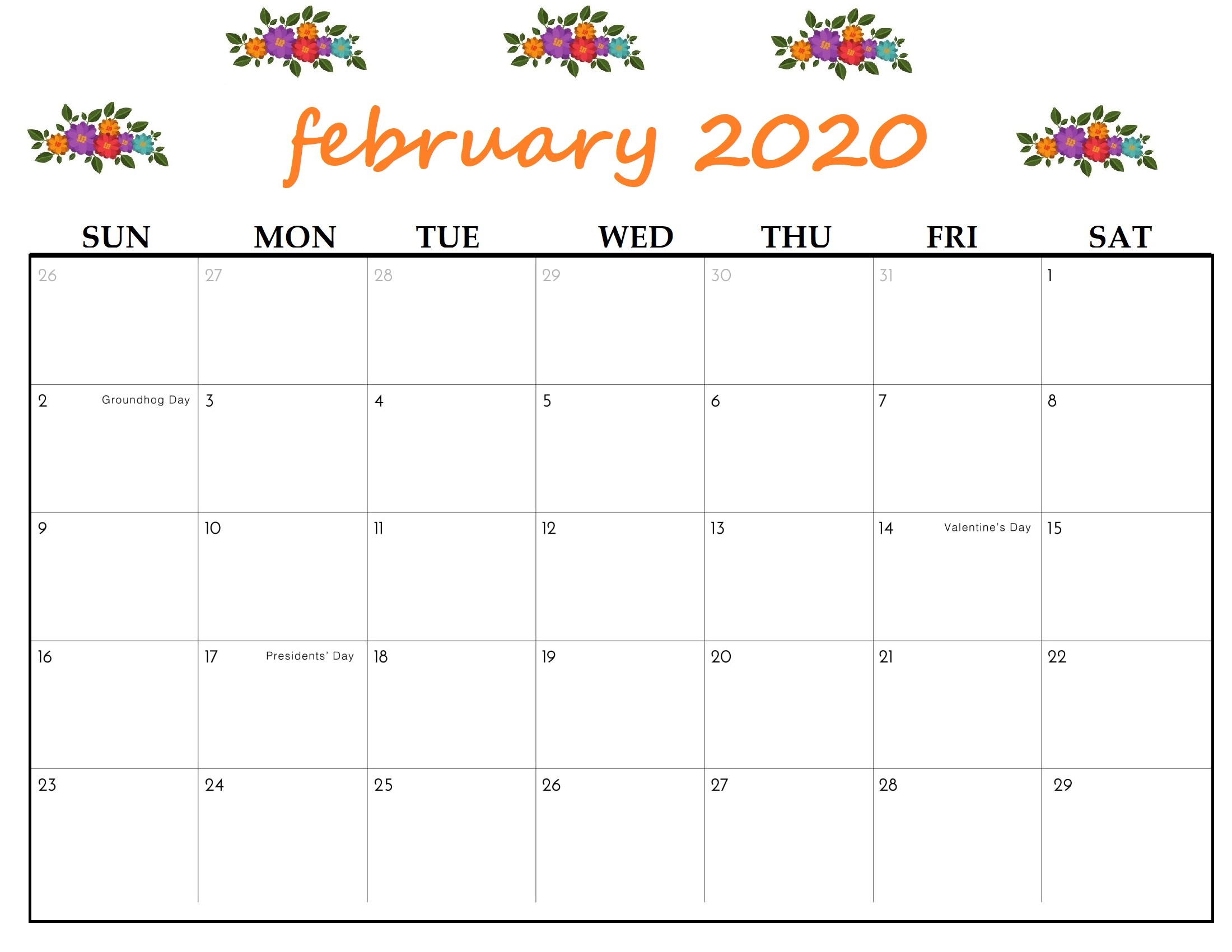 February 2020 Pdf Floral Calendar Template | Calendar