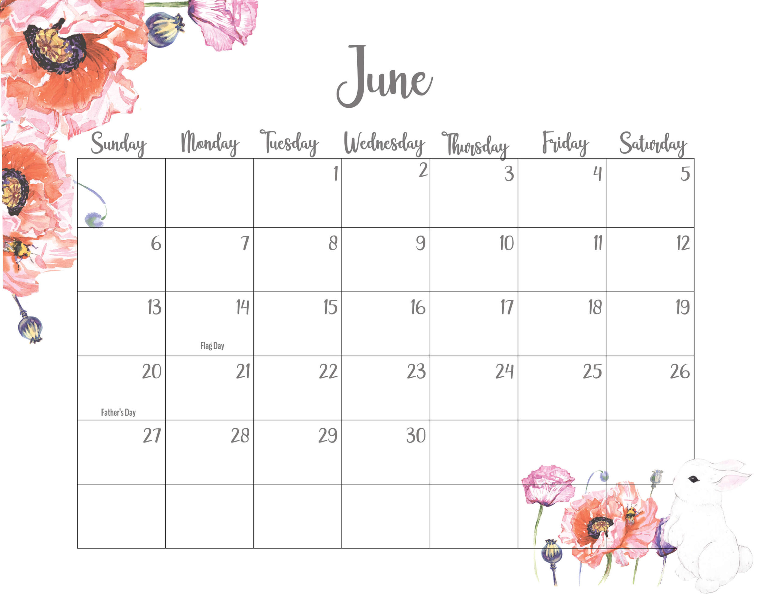 Floral June 2021 Calendar Printable - Cute Designs