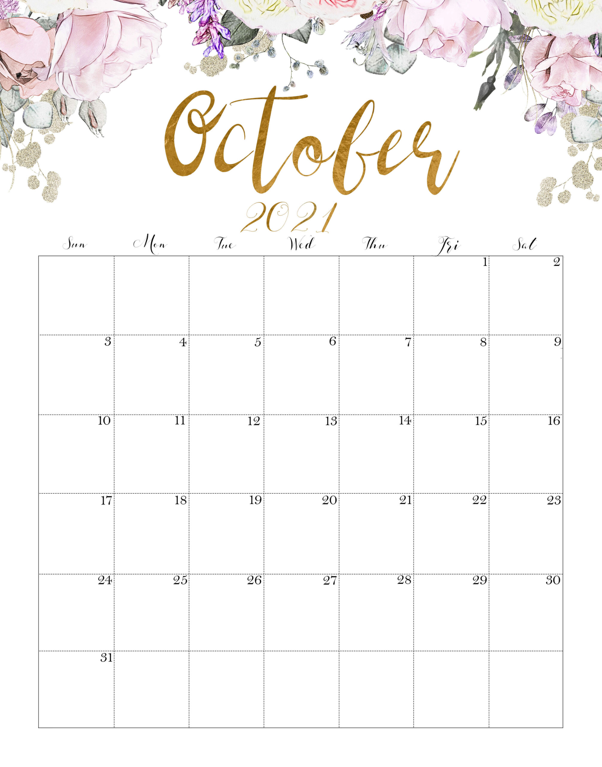 Floral October 2021 Calendar Printable - Cute Designs