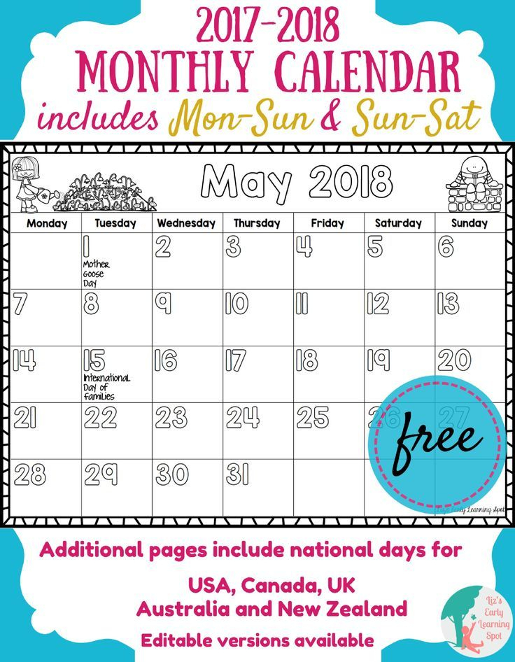 Free 2017-2018 Monthly Calendar For Kids | Liz&#039;S Early