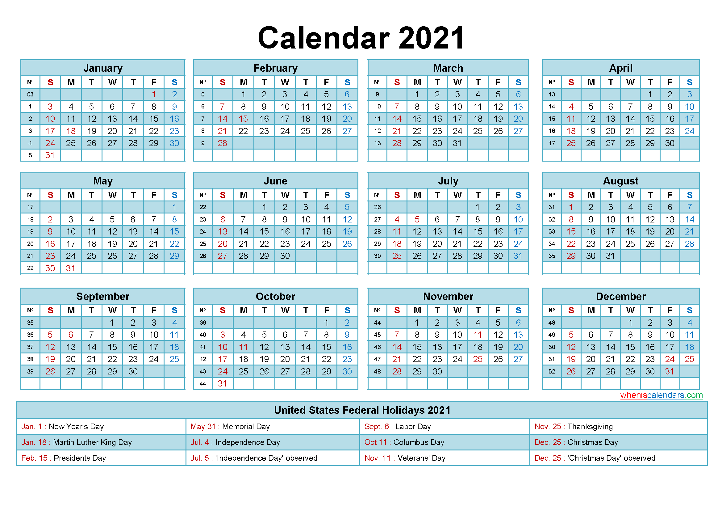 Free 2021 Printable Calendar With Holidays - Free