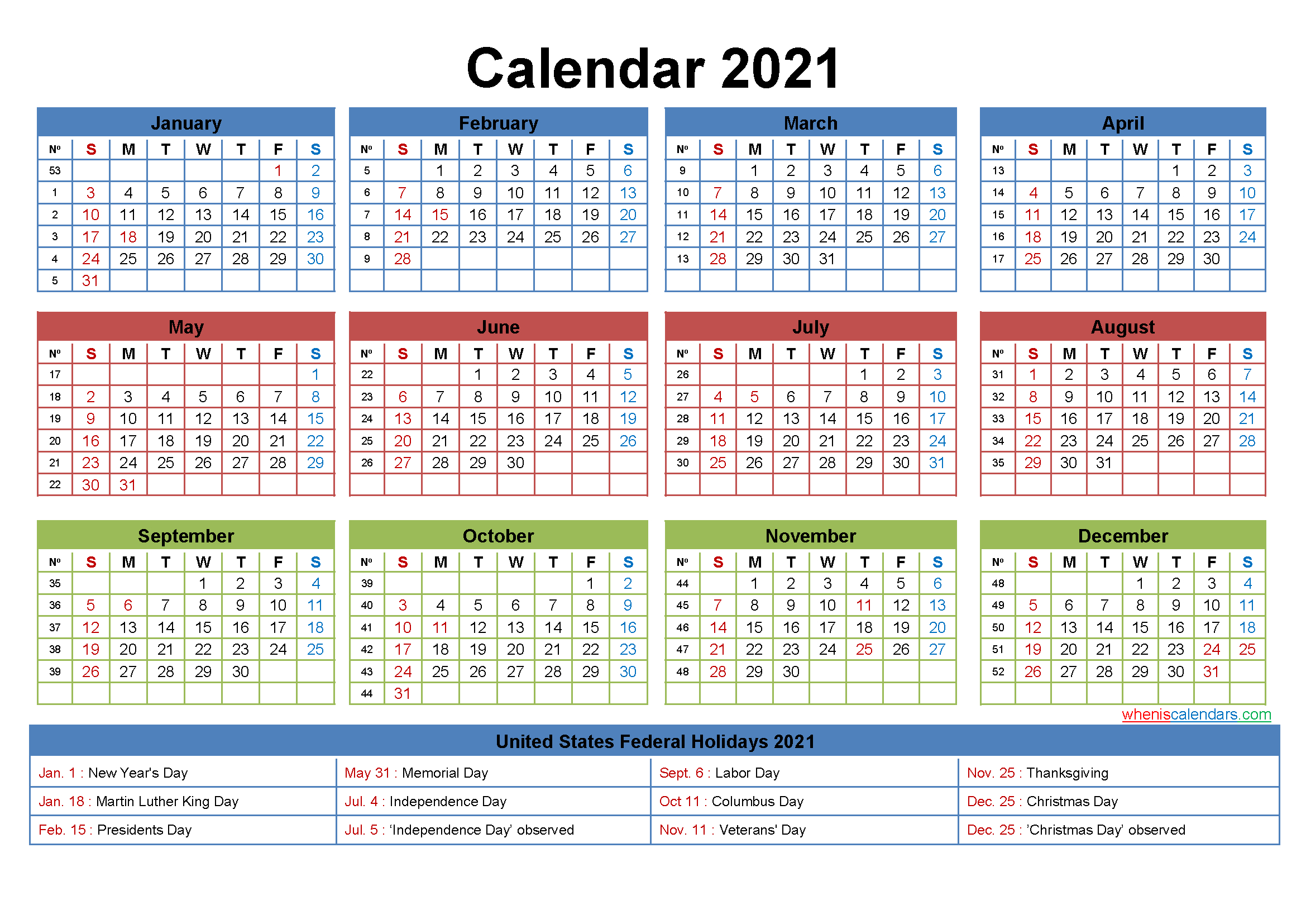Free 2021 Printable Calendar With Holidays - Free