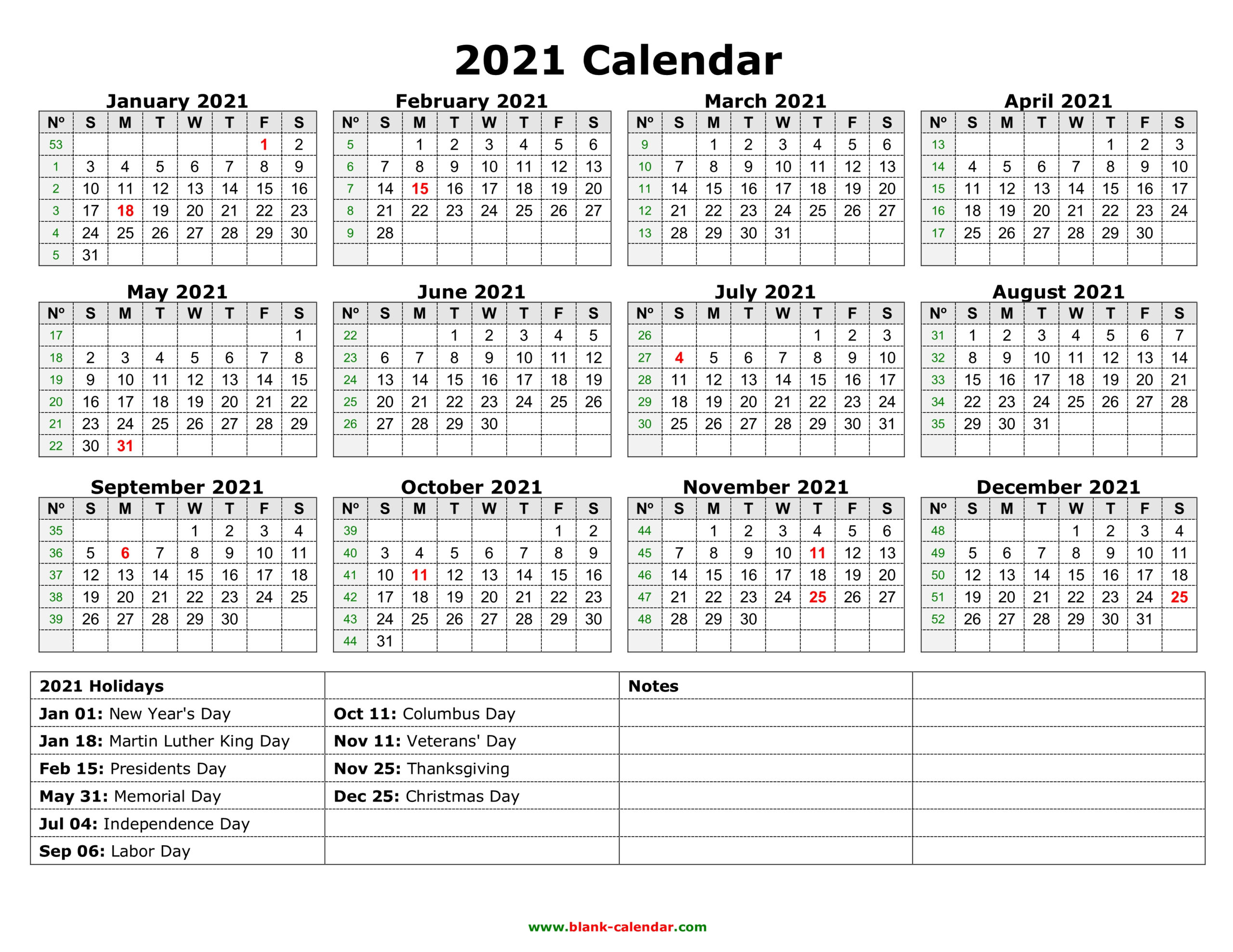 Free 2021 Yearly Calender Template  2021 Editable Yearly