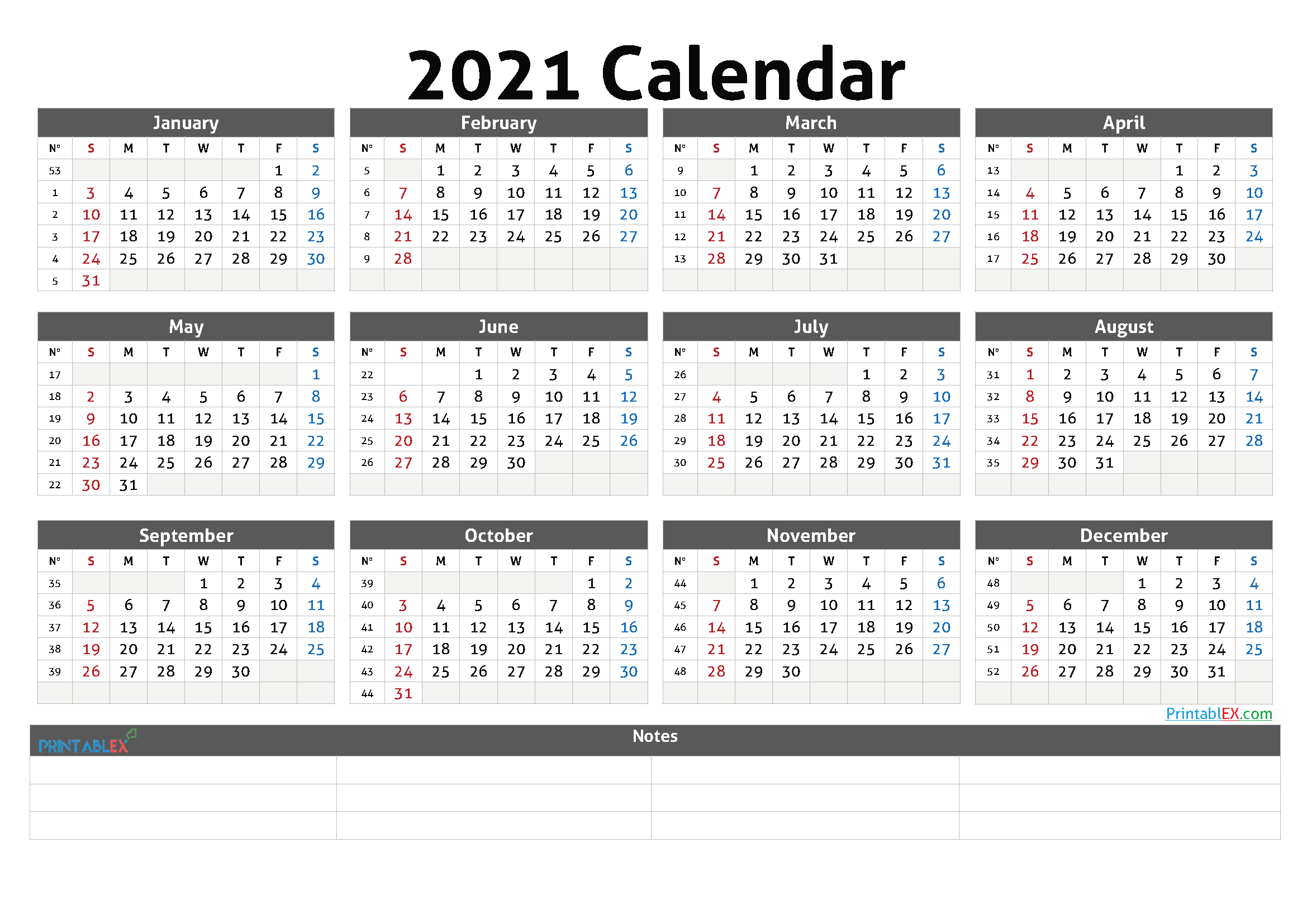 Free 2021 Yearly Calender Template - Free Printable