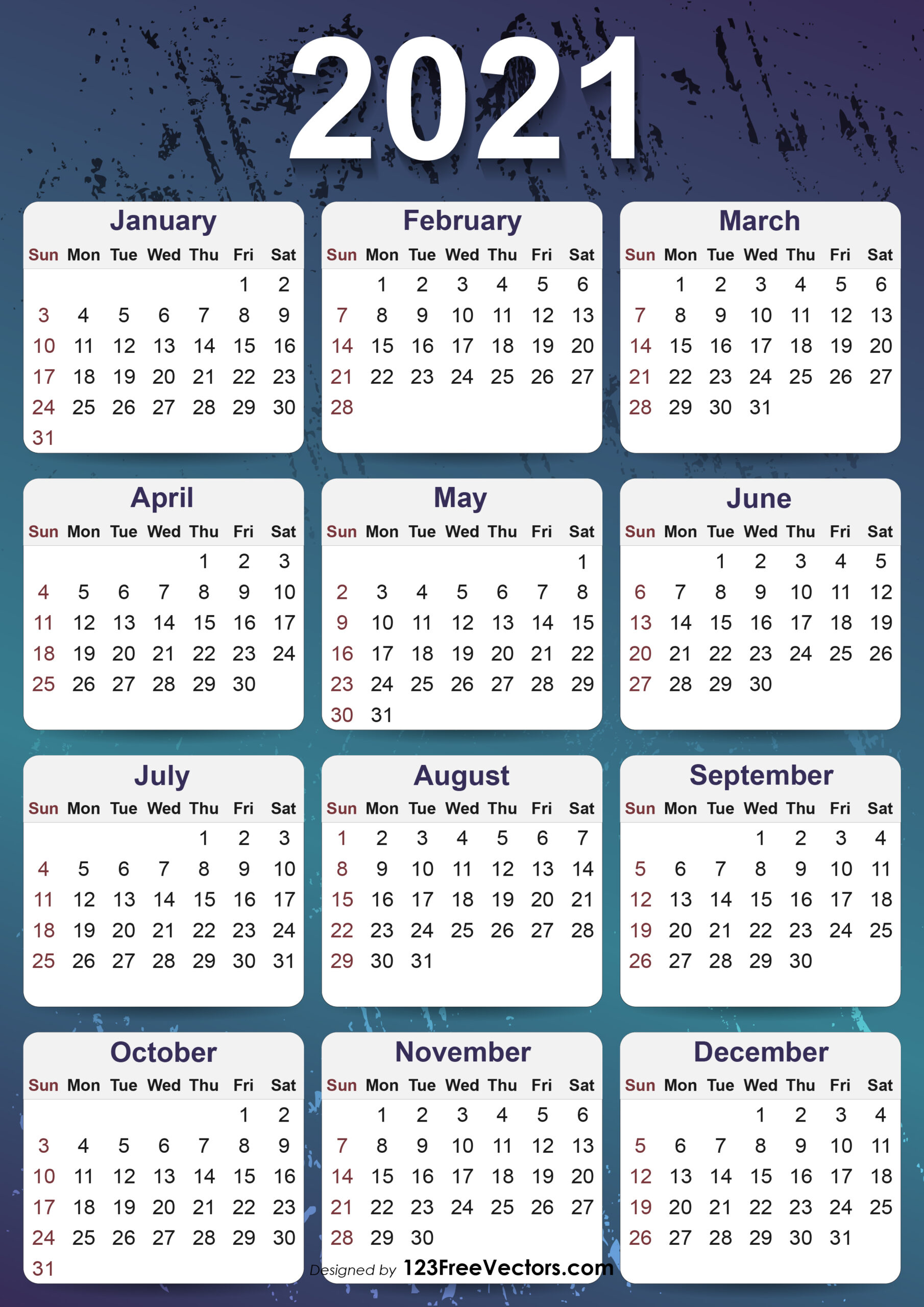 Free 2021 Yearly Calender Template  Free Printable Year